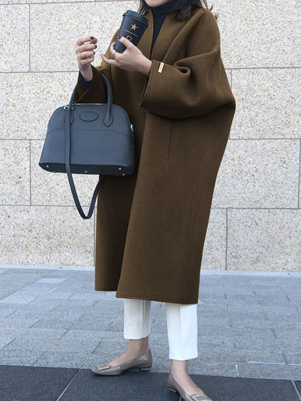 xakxx Long Sleeves Loose Solid Color Collarless Woolen Coat