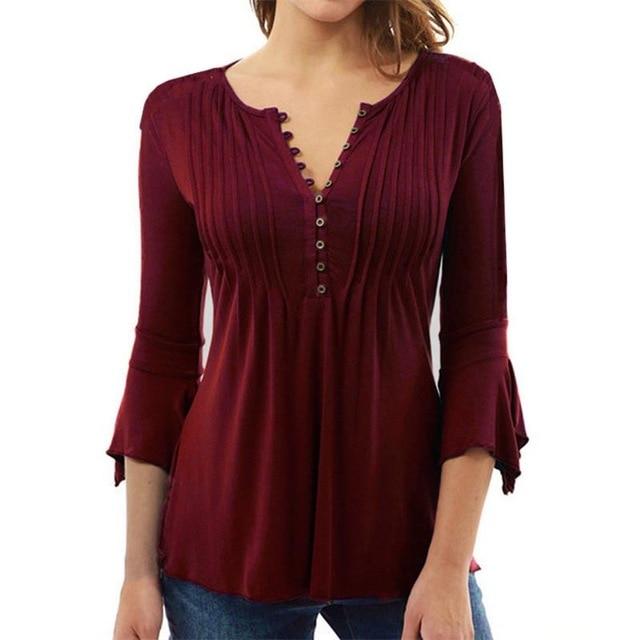 Xakxx - Women Elegant Ruffles Tops Plus Size Flare Sleeve Solid Casual Loose Shirt Blouse