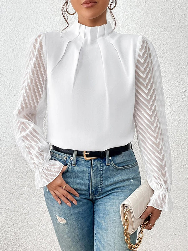 xakxx Long Sleeves Loose Elasticity Mesh Pleated Solid Color Mock Neck Blouses&Shirts Tops