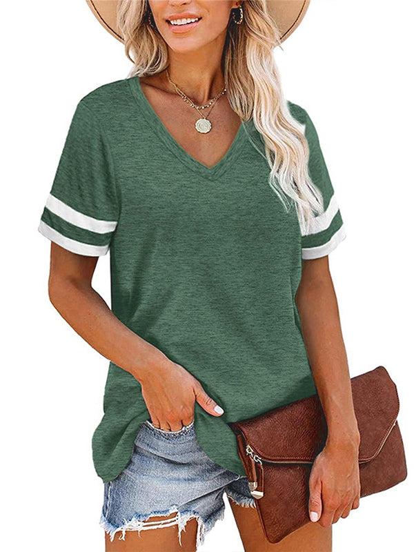 xakxx Loose Short Sleeves Contrast Color Striped V-Neck T-Shirts