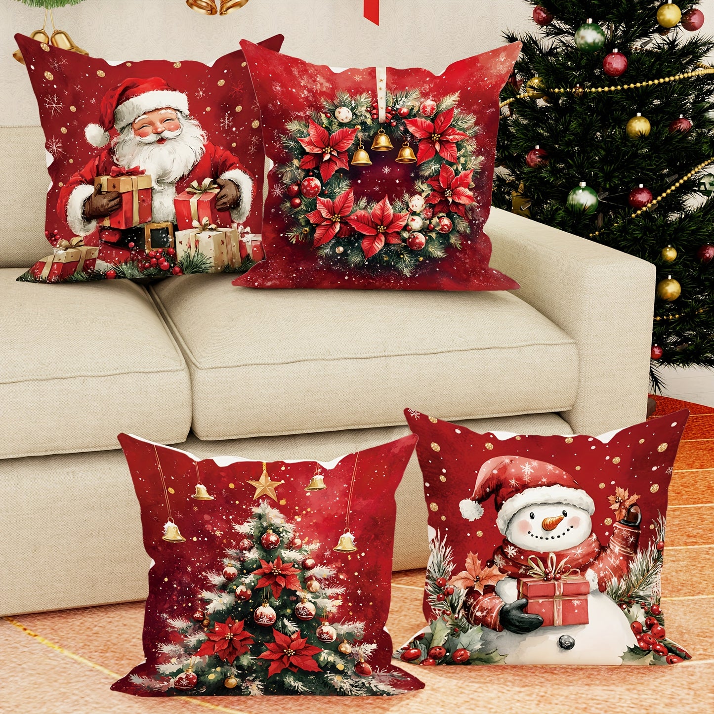 4pcs Set Christmas Velvet Throw Pillow Covers - Santa, Snowman & Tree Designs | Soft & Cozy Red & Green Decorative Cushion Cases for Living Room & Bedroom | 18x18 Inches | Zip Closure