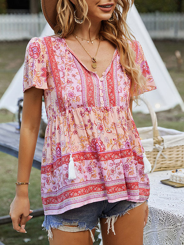 xakxx Loose Short Sleeves Buttoned Flower Print Split-Joint Tasseled Tied V-Neck T-Shirts Tops