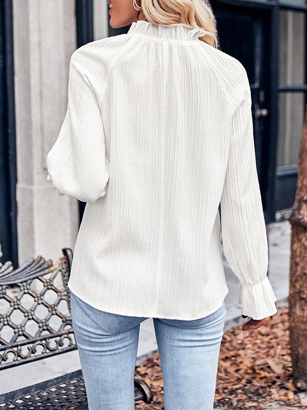 xakxx Long Sleeves Ruffle Sleeves Elasticity Ruffled Solid Color Mock Neck T-Shirts Tops
