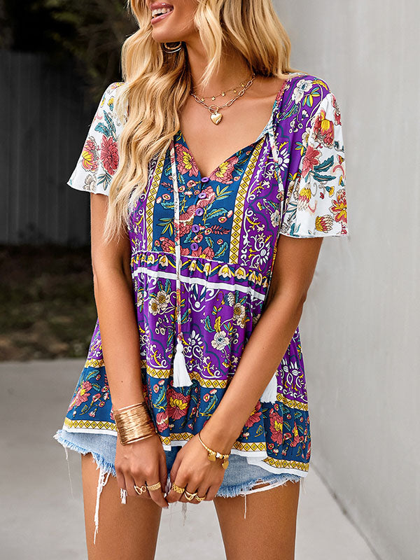 xakxx Loose Short Sleeves Buttoned Flower Print Split-Joint Tasseled Tied V-Neck T-Shirts Tops