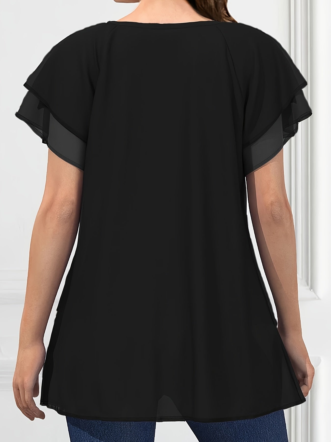 Vibrant Color Crew Neck Blouse - Ruffled Sleeve, Layered, Casual, Spring & Summer Essential - Women's Clothing for Everyday Wear