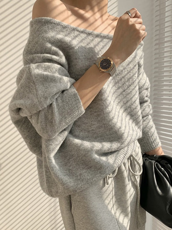 xakxx Casual Loose Long Sleeves Solid Color Off-The-Shoulder Sweater Tops