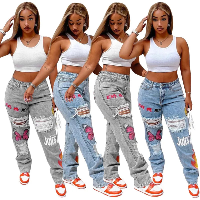 Women's Jeans Designer Fashion Luxury Top Quality S Women Jeans Heart Print Denim Cut Out Distressed For Baddie Clothes Streetwear High Waist Baggy Pants Blue