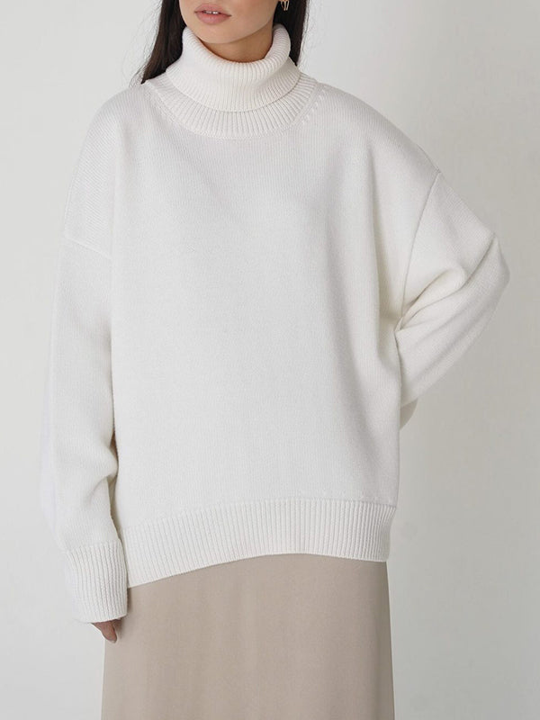 xakxx Long Sleeves Loose Solid Color High Neck Knitwear Pullovers Sweater Tops