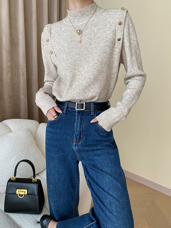 xakxx Long Sleeves Buttoned Split-Joint High-Neck Sweater Tops