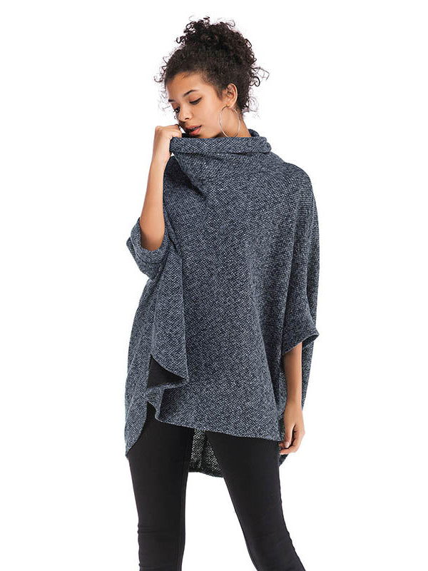 xakxx Casual Loose Half Sleeves Solid Color High-Neck Sweater Tops