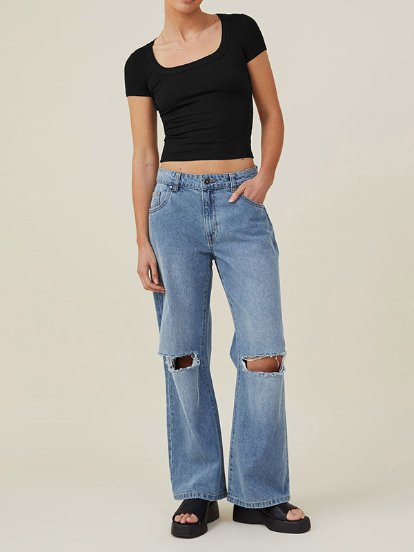 xakxx Short Sleeves Skinny Solid Color Square-Neck T-Shirts Tops