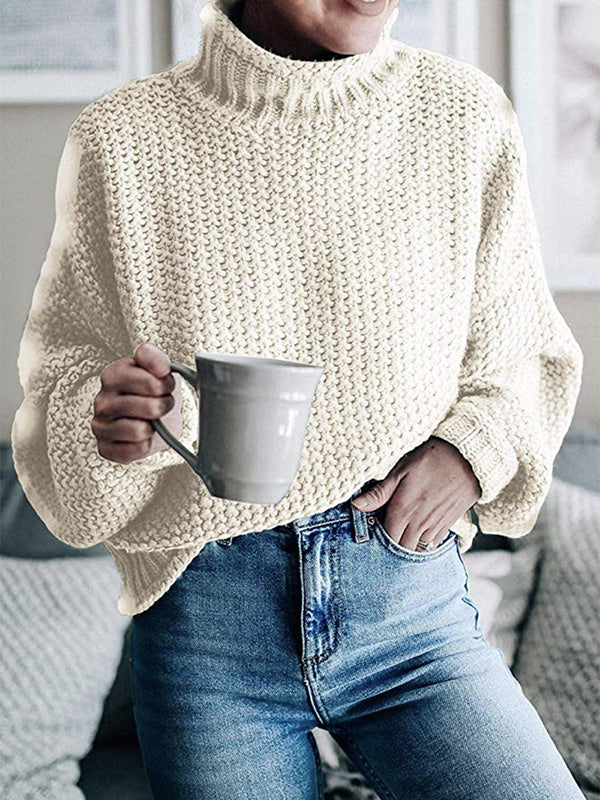 xakxx Casual Long Sleeves Solid Color High-Neck Sweater Tops