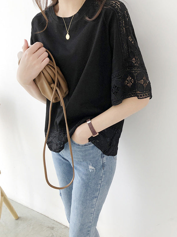 xakxx Half Sleeves Loose Hollow Solid Color Split-Joint Round-Neck T-Shirts Tops