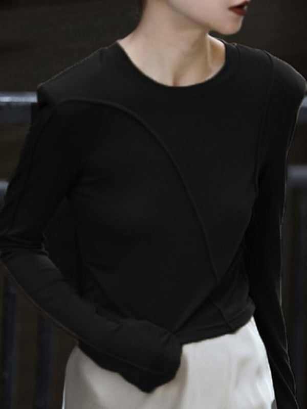 xakxx Long Sleeves Skinny Shoulder Pad Solid Color Round-Neck T-Shirts Tops