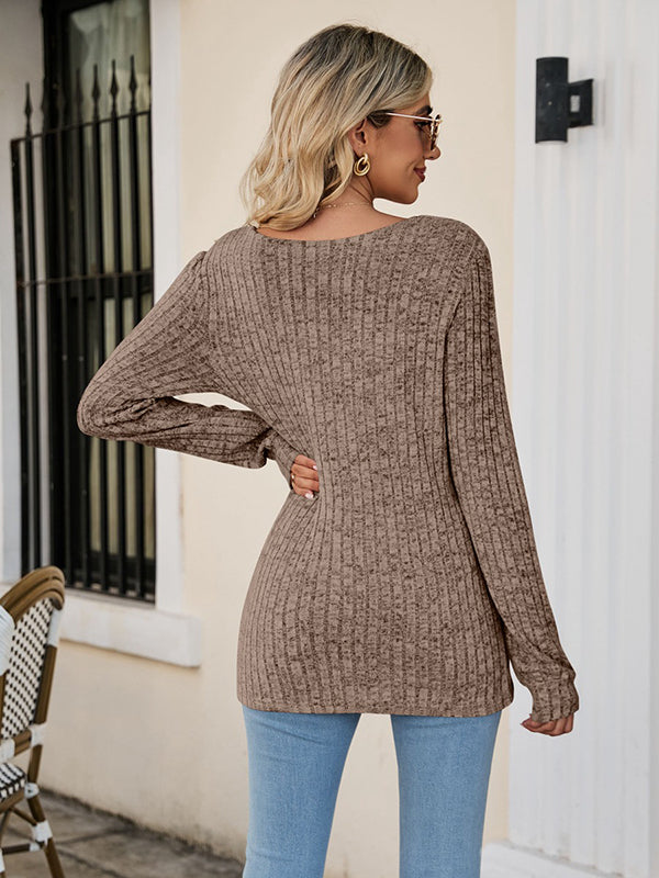 xakxx Casual Long Sleeves Skinny Solid Color Square-Neck Sweater Tops