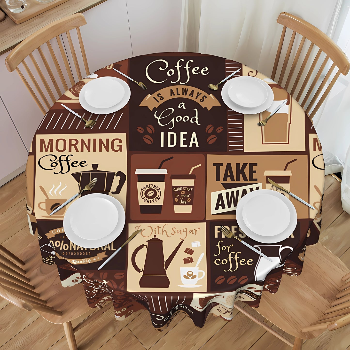 1pc Vintage Coffee Pattern Tablecloth - Stain Resistant, Waterproof, Edge Embossing Craft, No Pleated, Printed Table Cover for Home Decor, Easy to Clean, and Durable