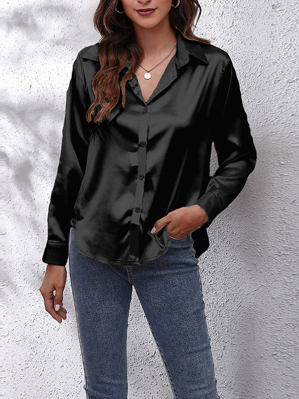 xakxx Long Sleeves Loose Solid Color Lapel Blouses