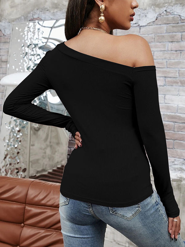 xakxx Long Sleeves Skinny Solid Color One-Shoulder T-Shirts Tops