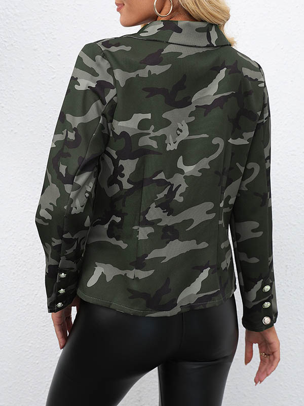 xakxx Long Sleeves Loose Buttoned Camouflage Pockets Notched Collar Blazer Outerwear