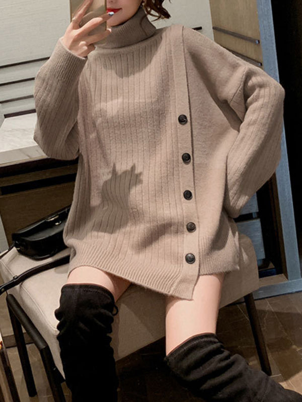 xakxx High-Low Long Sleeves Asymmetric Buttoned High-Neck Knitwear Pullovers Sweater Tops