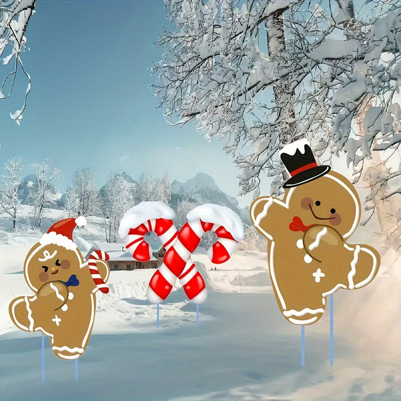 3pcs Christmas Gingerbread for Man & Candy Cane Yard Stakes Set - Outdoor Holiday Decor for Garden, Lawn, and Pathways