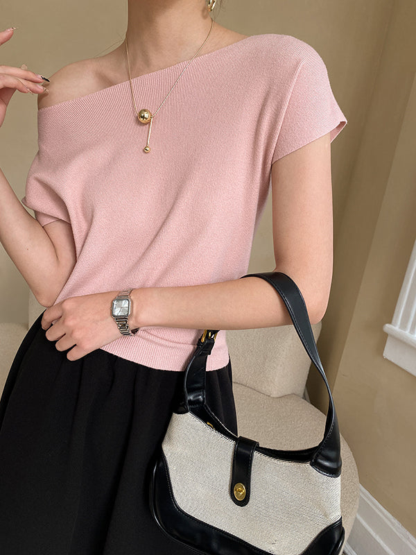 xakxx Stylish Loose Solid Color Boat Neck Knitwear Pullovers Tops