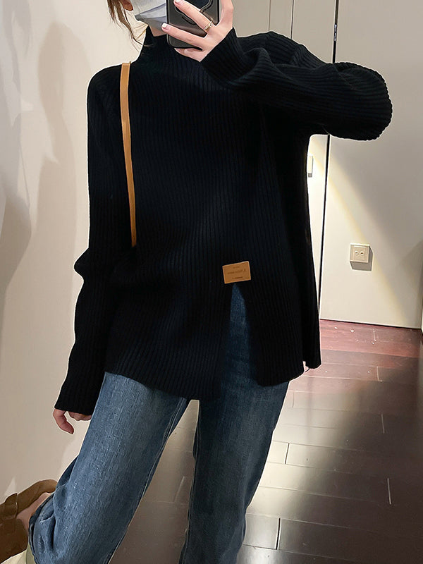 xakxx Long Sleeves Loose Split-Front Mock Neck Pullovers Sweater Tops