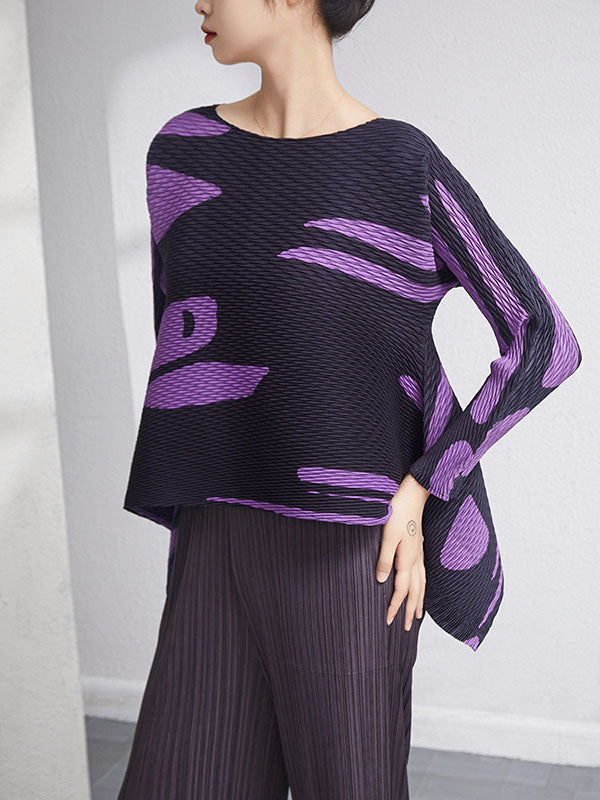 xakxx Casual Irregularity Loose Printed Pleated Round-Neck T-Shirts Tops