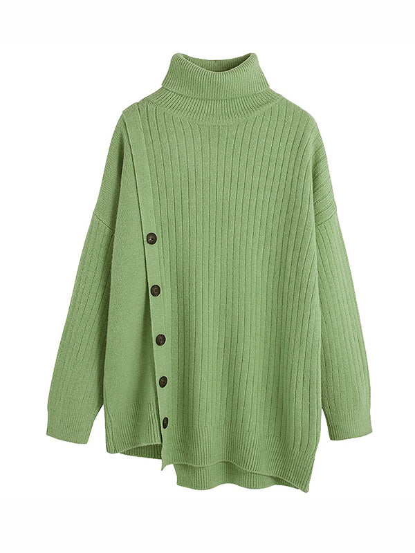 xakxx High-Low Long Sleeves Asymmetric Buttoned High-Neck Knitwear Pullovers Sweater Tops