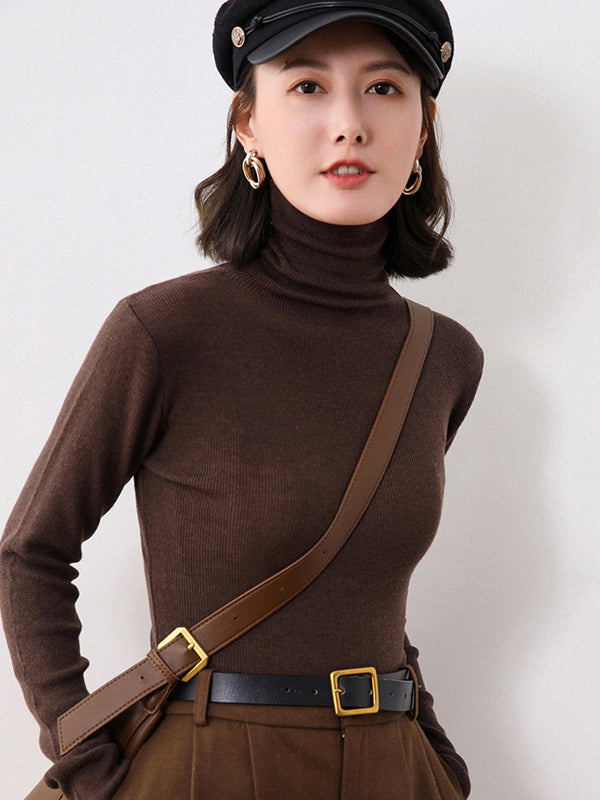xakxx Simple Skinny Long Sleeves Solid Color High-Neck Sweater Tops Pullovers