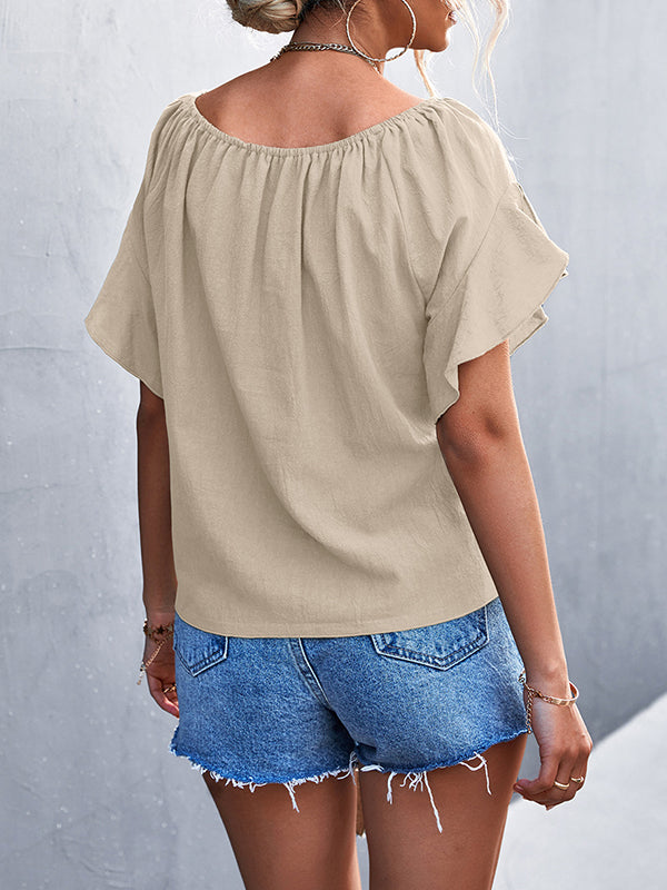 xakxx Loose Short Sleeves Elasticity Falbala Pleated Solid Color Tied Round-Neck T-Shirts Tops