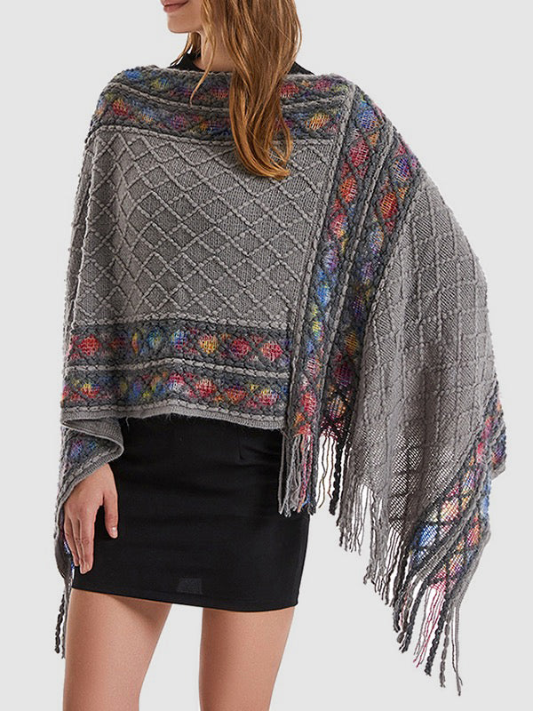 xakxx Loose Asymmetric Tasseled V-Neck Cape Shawl&Cloak