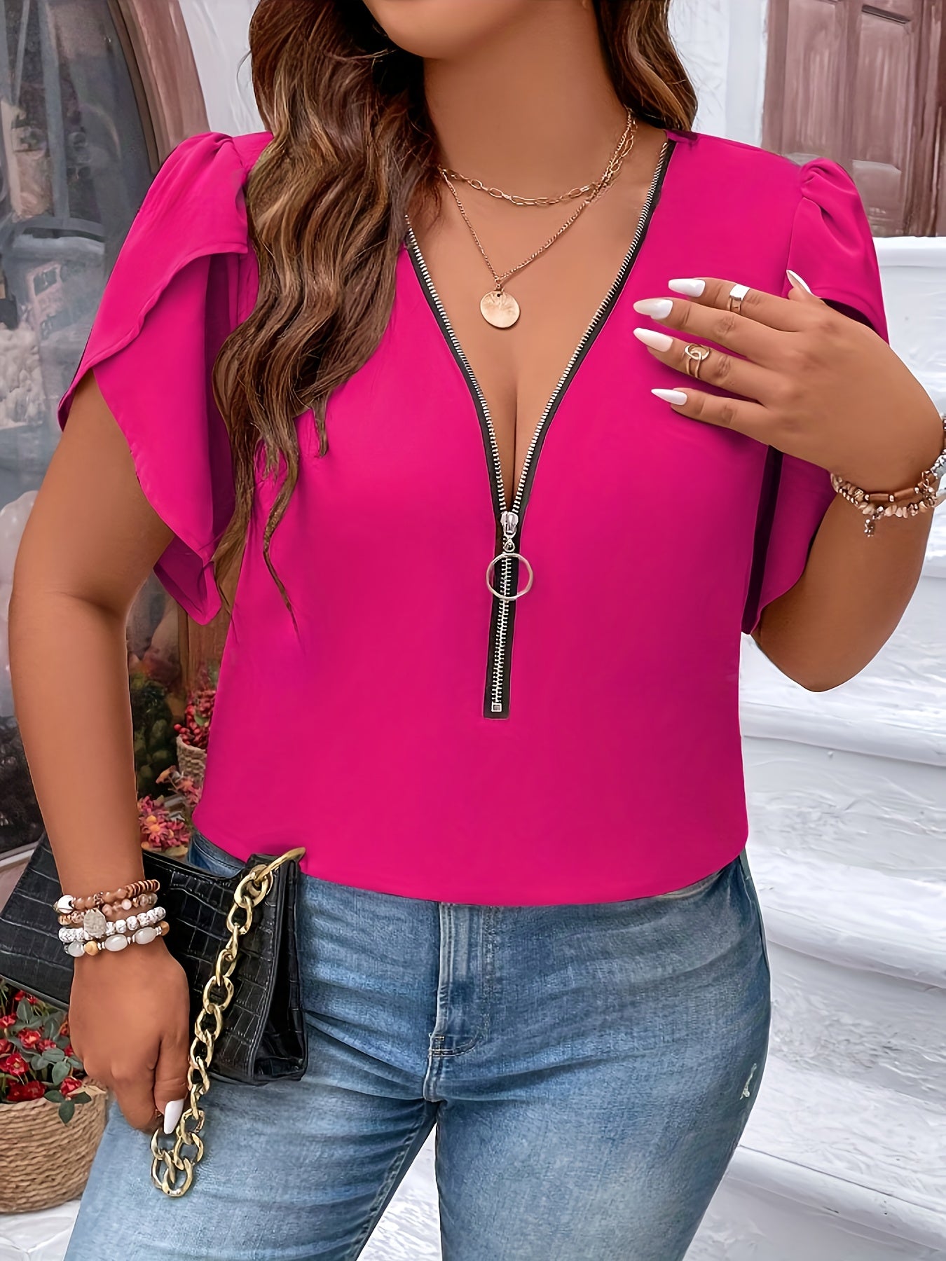 Plus Size Zip Front Blouse with Chic Zip Detail - Fashionable Solid Color, Flirty Petal Sleeves for Spring & Summer Style - Womens Plus Size Clothing