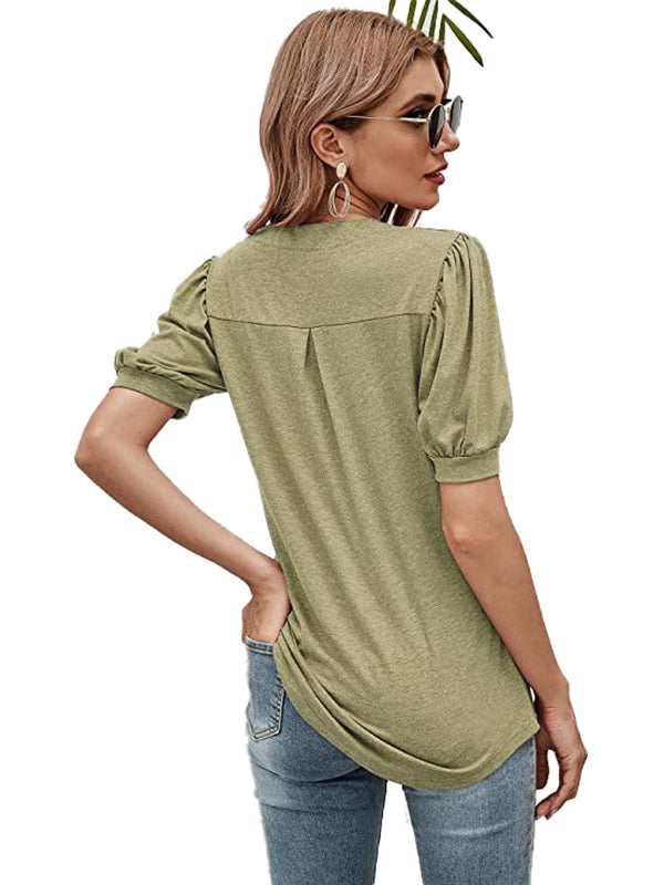 xakxx Simple Solid Color V-Neck Puff Sleeves T-Shirt Top