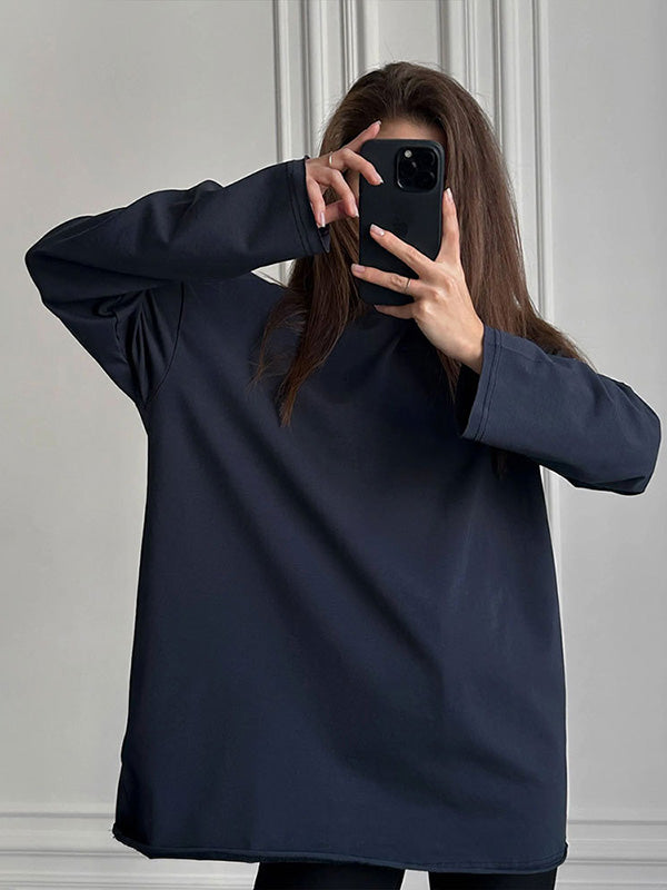 xakxx Long Sleeves Loose Solid Color Round-Neck T-Shirts Tops
