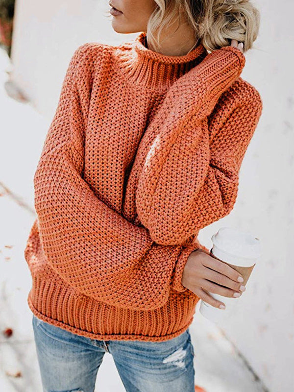 xakxx Casual Long Sleeves Solid Color High-Neck Sweater Tops