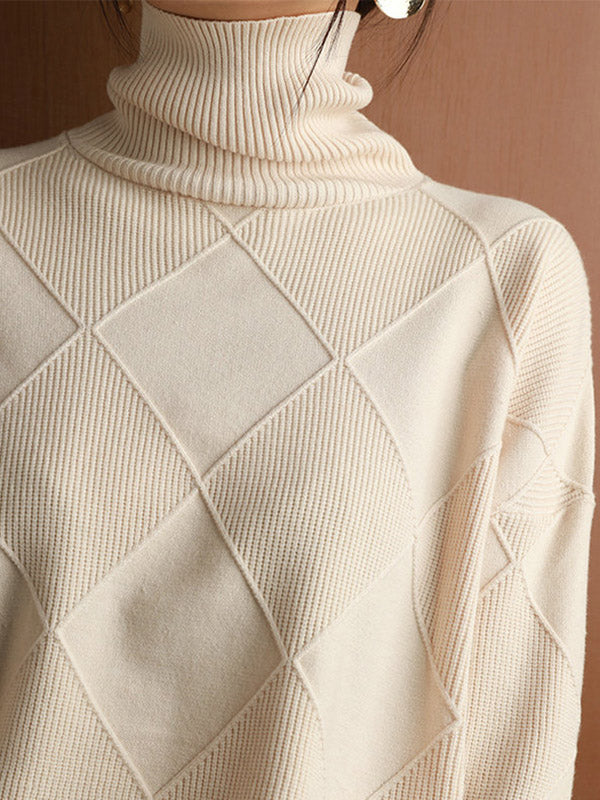 xakxx Casual Loose Solid Color Striped High-Neck Long Sleeves Sweater Tops
