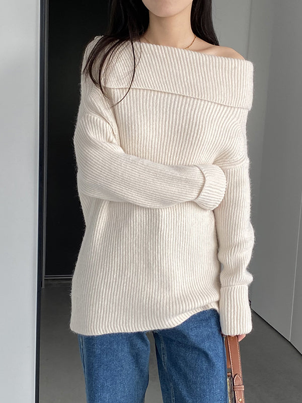 xakxx Long Sleeves Loose Solid Color Off-The-Shoulder Knitwear Pullovers Sweater