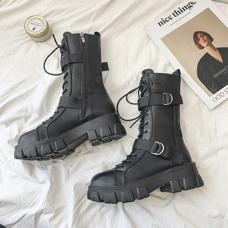 Purpdrank - Women's Shoes New Spring Style Platform Comfortable Boots Zipper Casual Mid-Calf Round Toe Flat with Boots Femmes Bottes