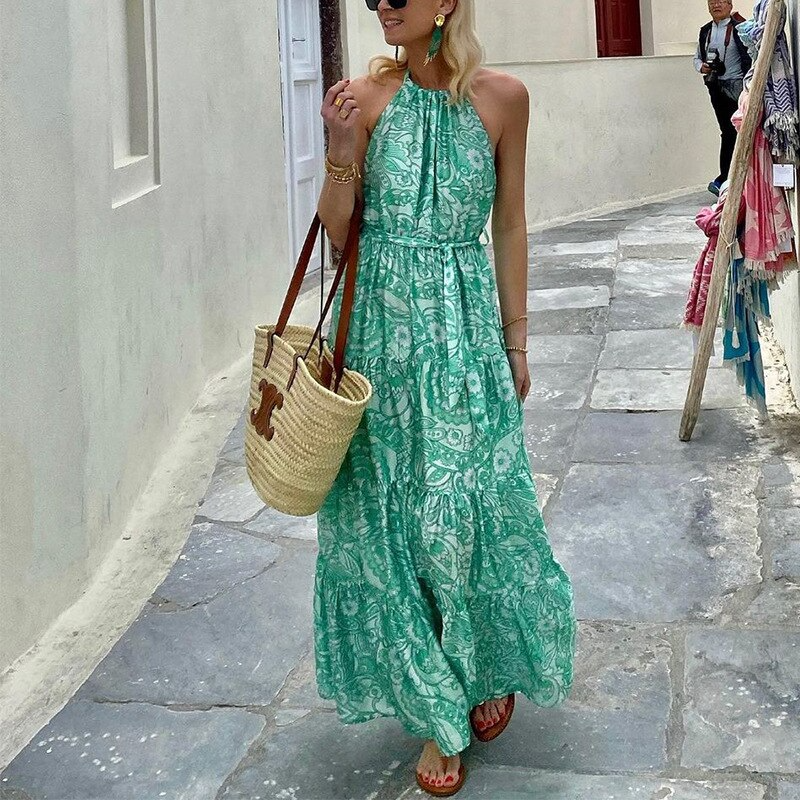 Purpdrank - New Sexy Off Shoulder Sleeveless Long Dresses Fashion Summer Print Maxi Beach Dress Women Elegant Halter Sleeveless Party Dress