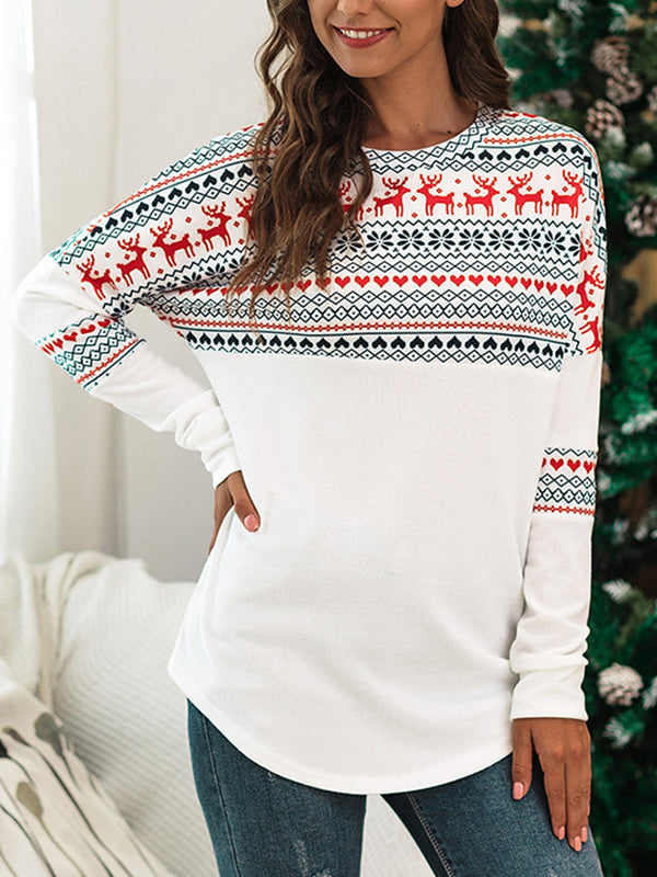 xakxx Long Sleeves Loose Animal Printed Split-Joint Round-Neck T-Shirts Tops