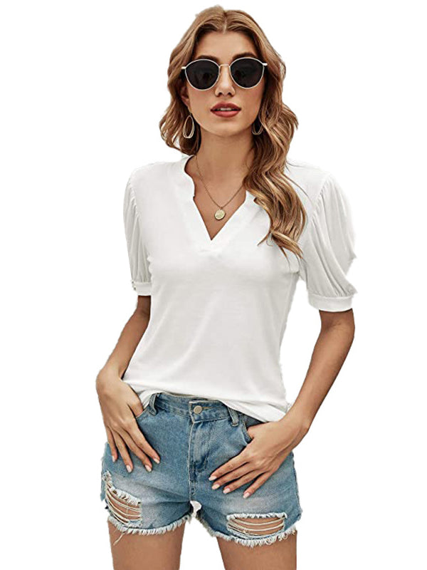 xakxx Simple Solid Color V-Neck Puff Sleeves T-Shirt Top