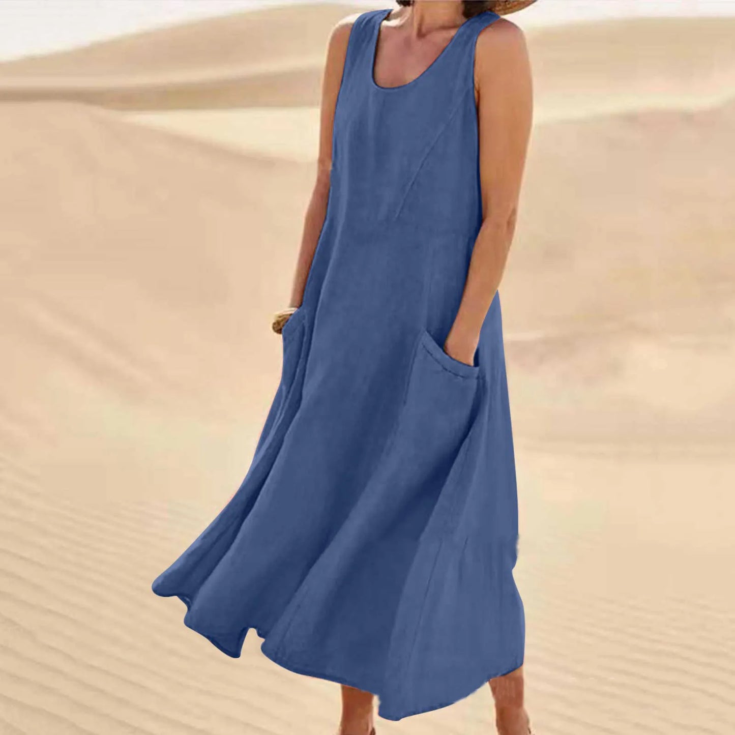 Hot Summer women Casual Dresses pocket sleeveless round neck women's cotton linen dress loose Khaki White black home outdoor skirt Big Size S-5XL 1f9 89b