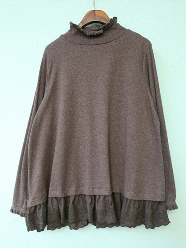 xakxx Original Creation Long Sleeves Loose Ruffled Solid Color Stand Collar T-Shirts Tops