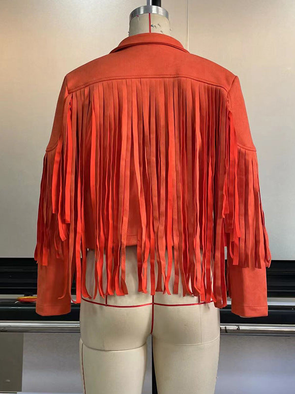 xakxx Long Sleeves Solid Color Split-Joint Tasseled Notched Collar Jackets