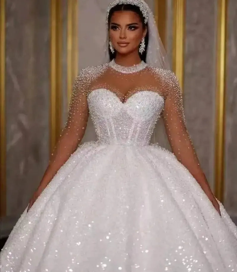 Sparkle African Wedding Dress Luxury Ball Gown Glitter Beads Crystal Long Sleeves Sexy Dubai Bride Bridal Gown Custom Made Vestido De Novia