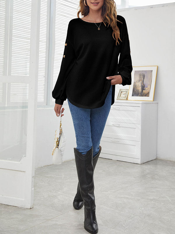 xakxx Simple Loose Long Sleeves Solid Color Round-Neck T-Shirts Tops