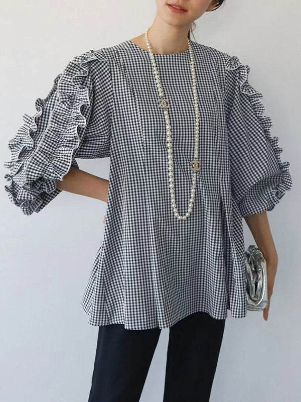 xakxx Trendy Tops Loose Puff Sleeves Plaid Agaric Laces Falbala Round-Neck Blouses
