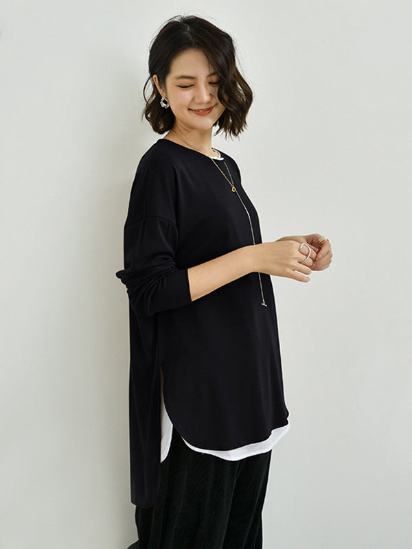 xakxx Simple Long Sleeves Loose Split-Side Solid Color Round-Neck T-Shirts Tops