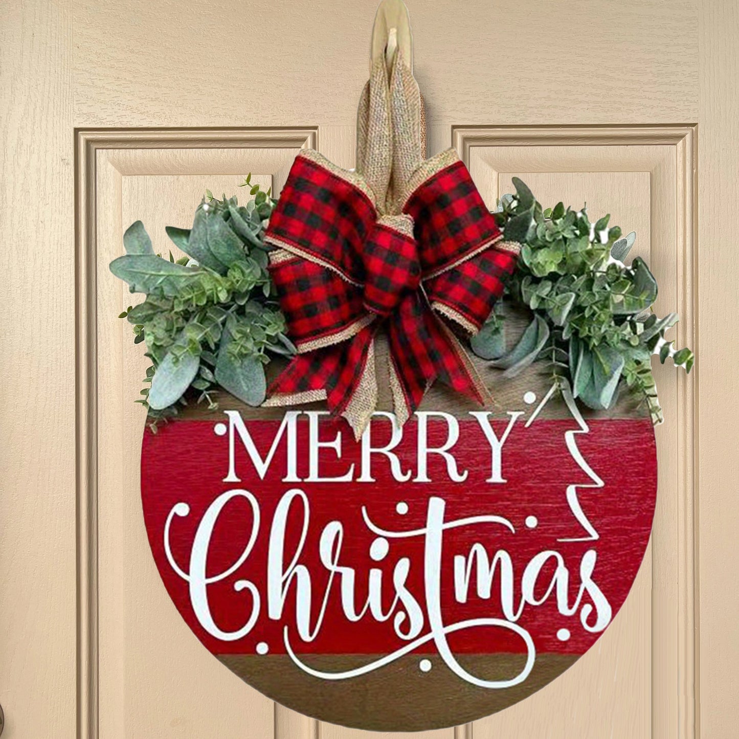 Christmas Wreath Welcome Sign - Outdoor Holiday Decoration for Front Door, Porch, Farmhouse, Home Bar, Indoor, Room Decor - Rustic, Hanging, Gift Idea, Seasonal Decor